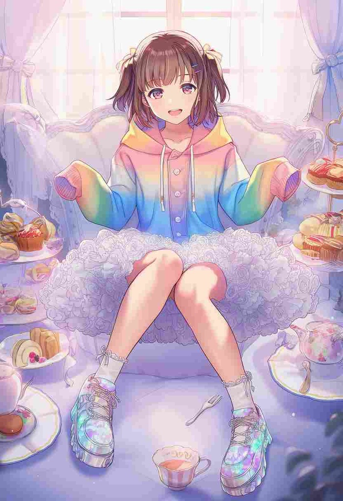 童話調、ファンタジー系 パンクアリス風 × モダン × 美少女アニメフェアリーテイル風パーカー × 虹色パステル × エレガントなチュールスカート