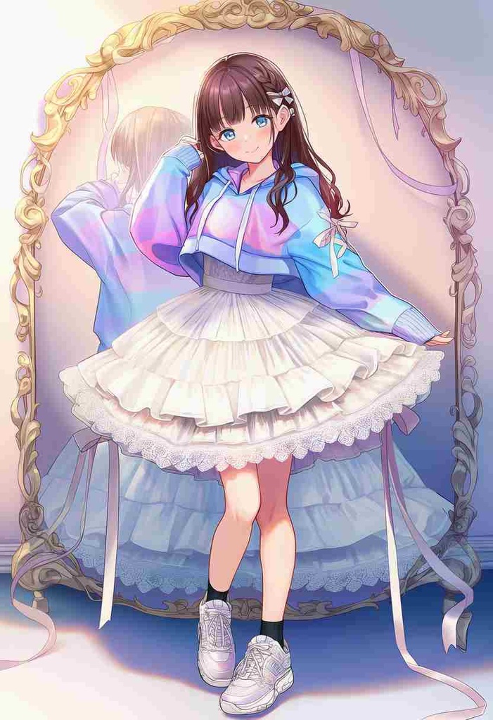 童話調、ファンタジー系 パンクアリス風 × モダン × 美少女アニメフェアリーテイル風パーカー × 虹色パステル × エレガントなチュールスカート