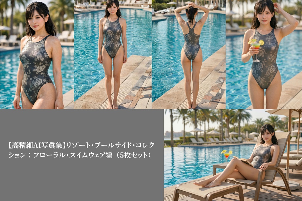 【高精細AI写真集】リゾート・プールサイド・コレクション：フローラル・スイムウェア編（5枚セット）