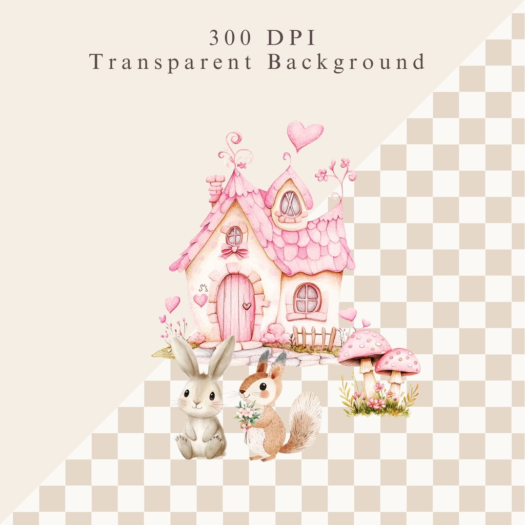 妖精の女の子と動物たちの魔法の庭 イラストセット