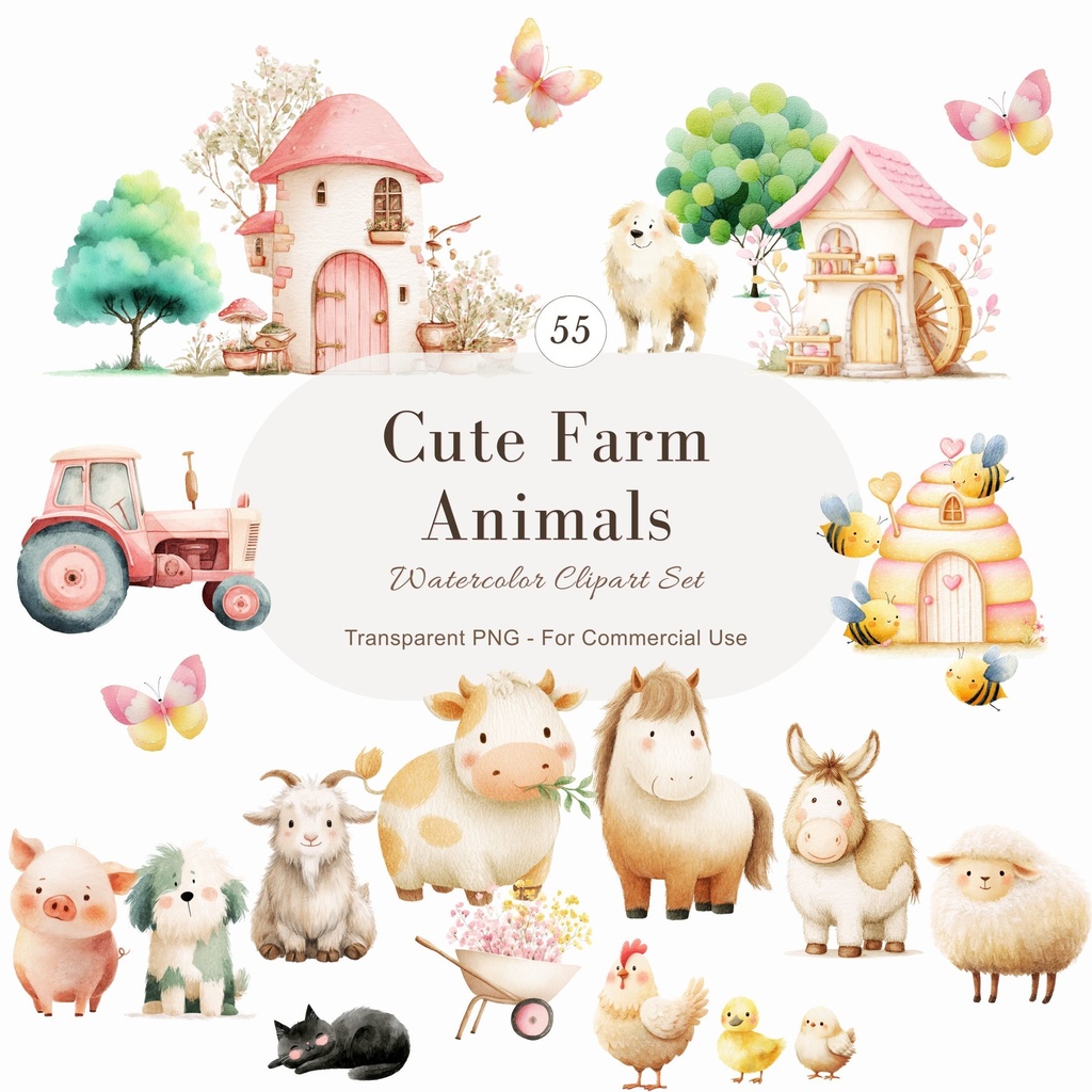 牧場の動物たちのイラスト素材セット🐷🐔