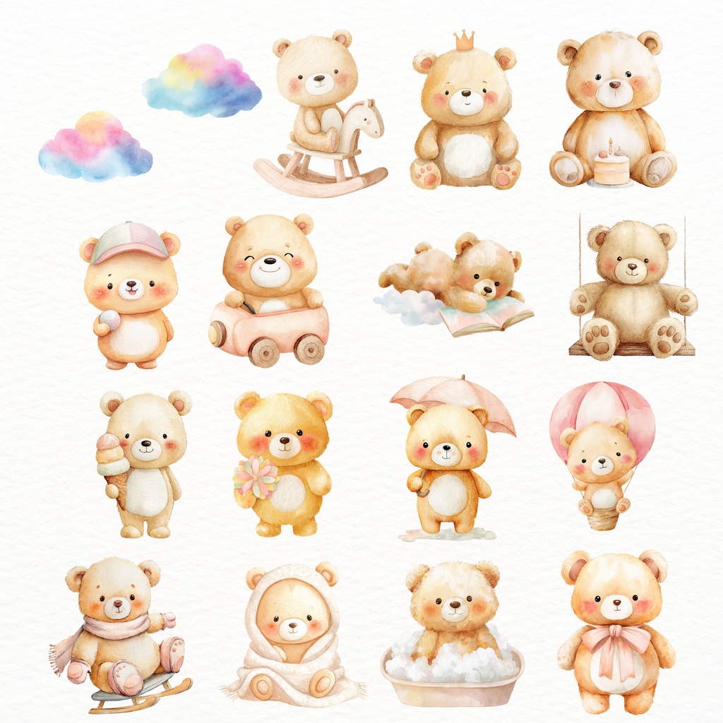 テディベアのイラスト素材セット 🍼 ナチュラルカラー