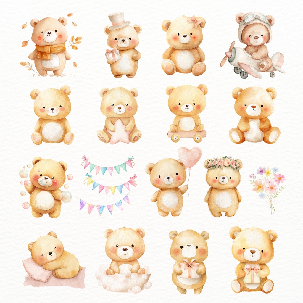 テディベアのイラスト素材セット 🍼 ナチュラルカラー