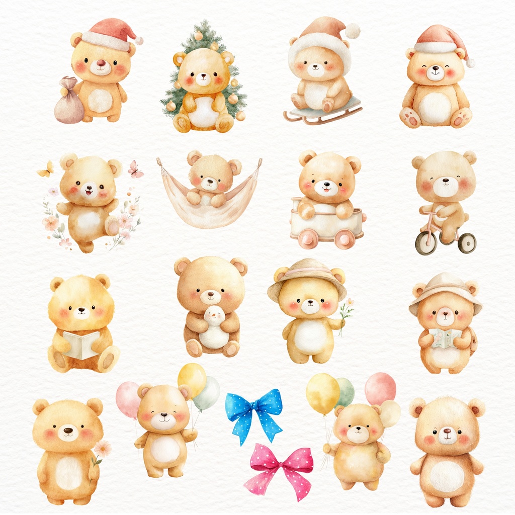 テディベアのイラスト素材セット 🍼 ナチュラルカラー