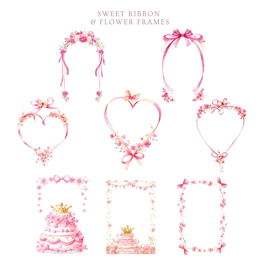 ピンクリボンと花のフレーム クリップアート素材セット 🌸