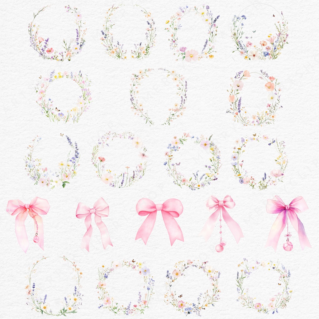 可憐な水彩フラワー&リボン・リース イラスト素材集