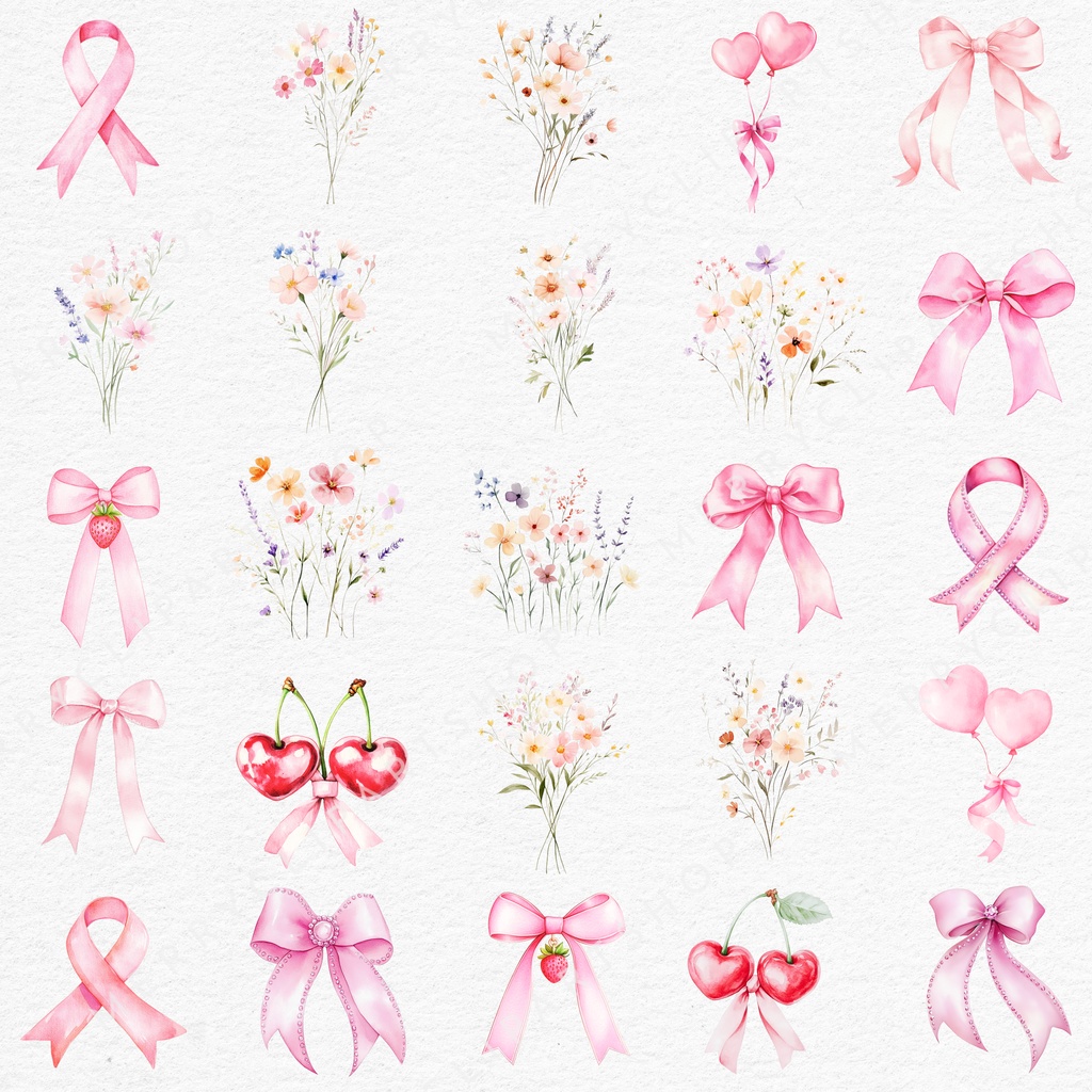 可憐な水彩フラワー&リボン・リース イラスト素材集