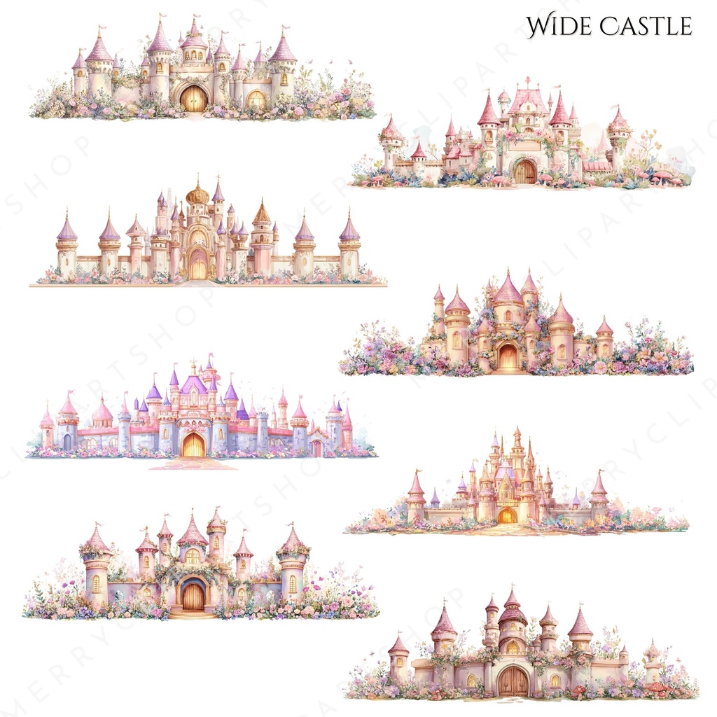 横長のお城のイラスト素材|プリンセス王国・水彩クリップアート