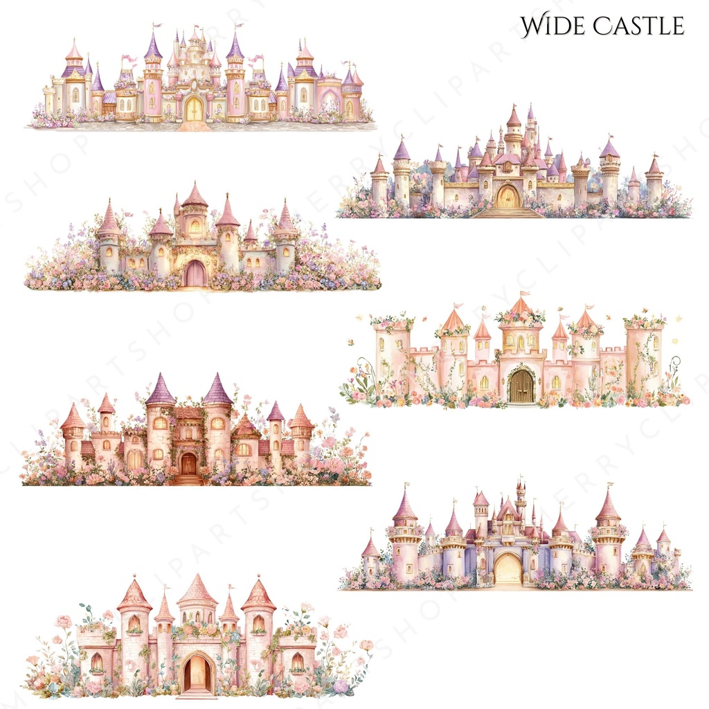 横長のお城のイラスト素材|プリンセス王国・水彩クリップアート