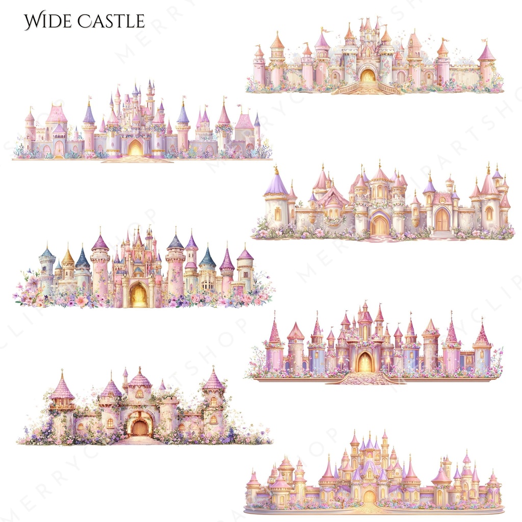 横長のお城のイラスト素材|プリンセス王国・水彩クリップアート