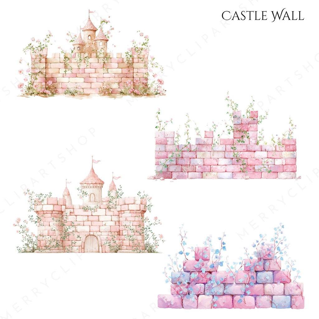 横長のお城のイラスト素材|プリンセス王国・水彩クリップアート