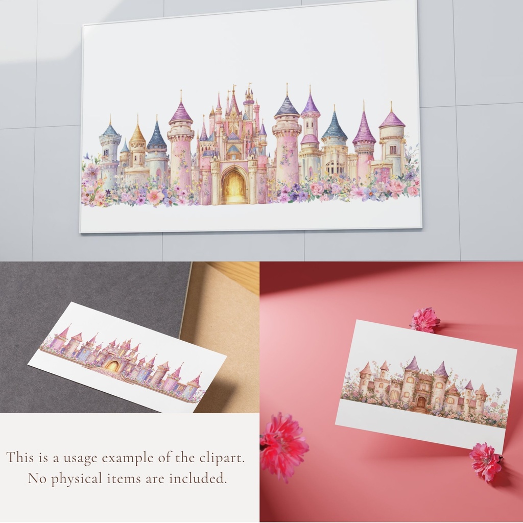 横長のお城のイラスト素材|プリンセス王国・水彩クリップアート