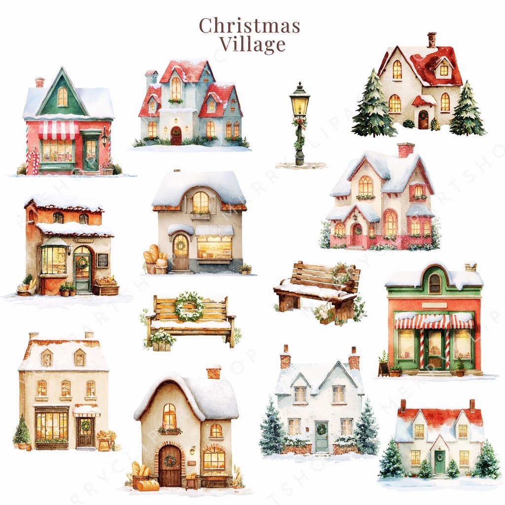 クリスマスの街並み:パステルイラスト素材