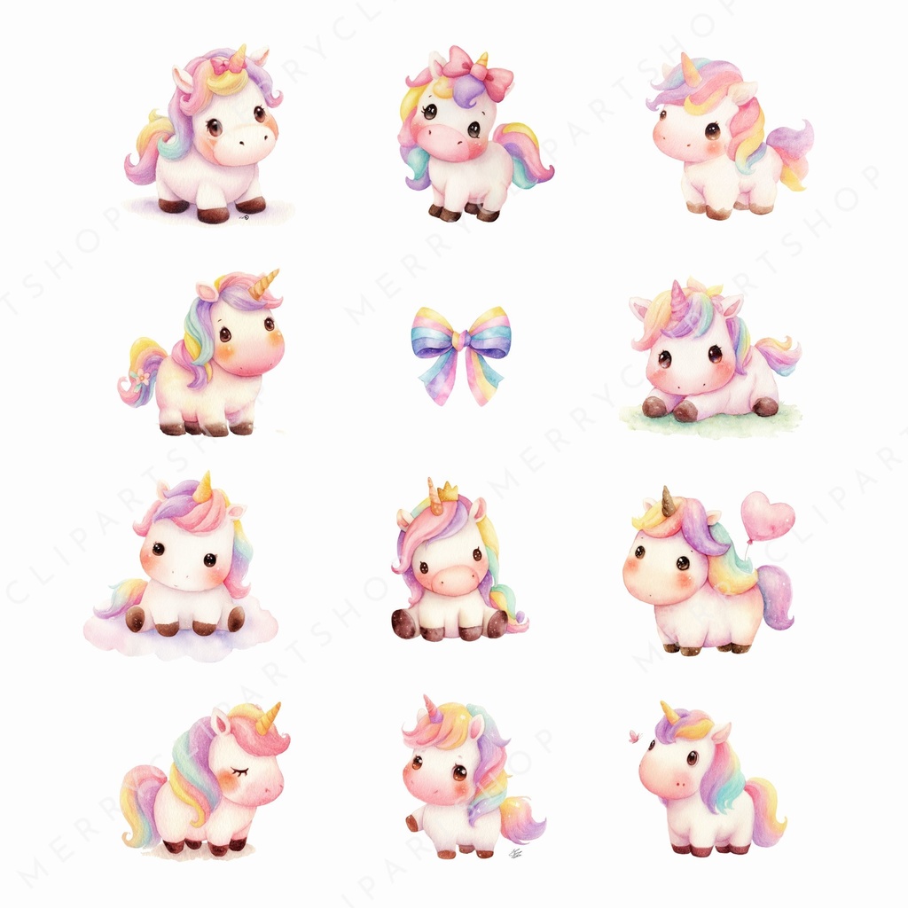 かわいいユニコーンのイラスト素材:Rainbow Unicorns Clipart