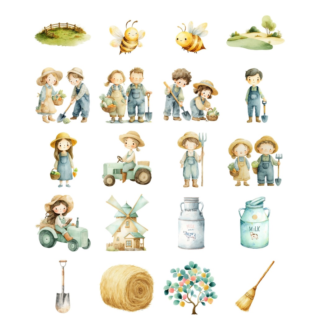 農場のかわいい動物とファーマーのイラストセット