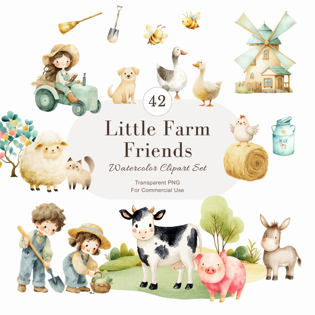 農場のかわいい動物とファーマーのイラストセット
