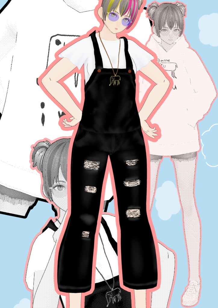 【Vroid】ダメージサロペット inu首飾り付【服】