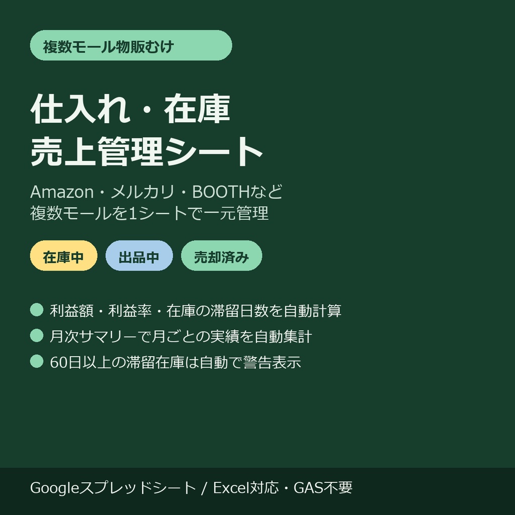 複数モール対応 仕入れ・在庫・売上管理シート|Amazon・メルカリ・BOOTH等を一元管理