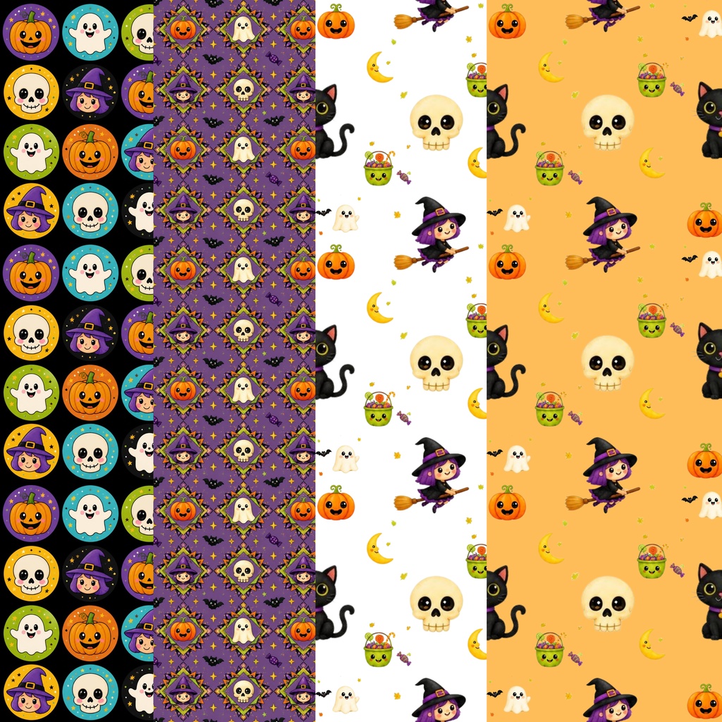ハロウィン デジタルペーパー 4柄セット｜魔女・おばけ・かぼちゃ・黒猫｜ポップ＆カラフル