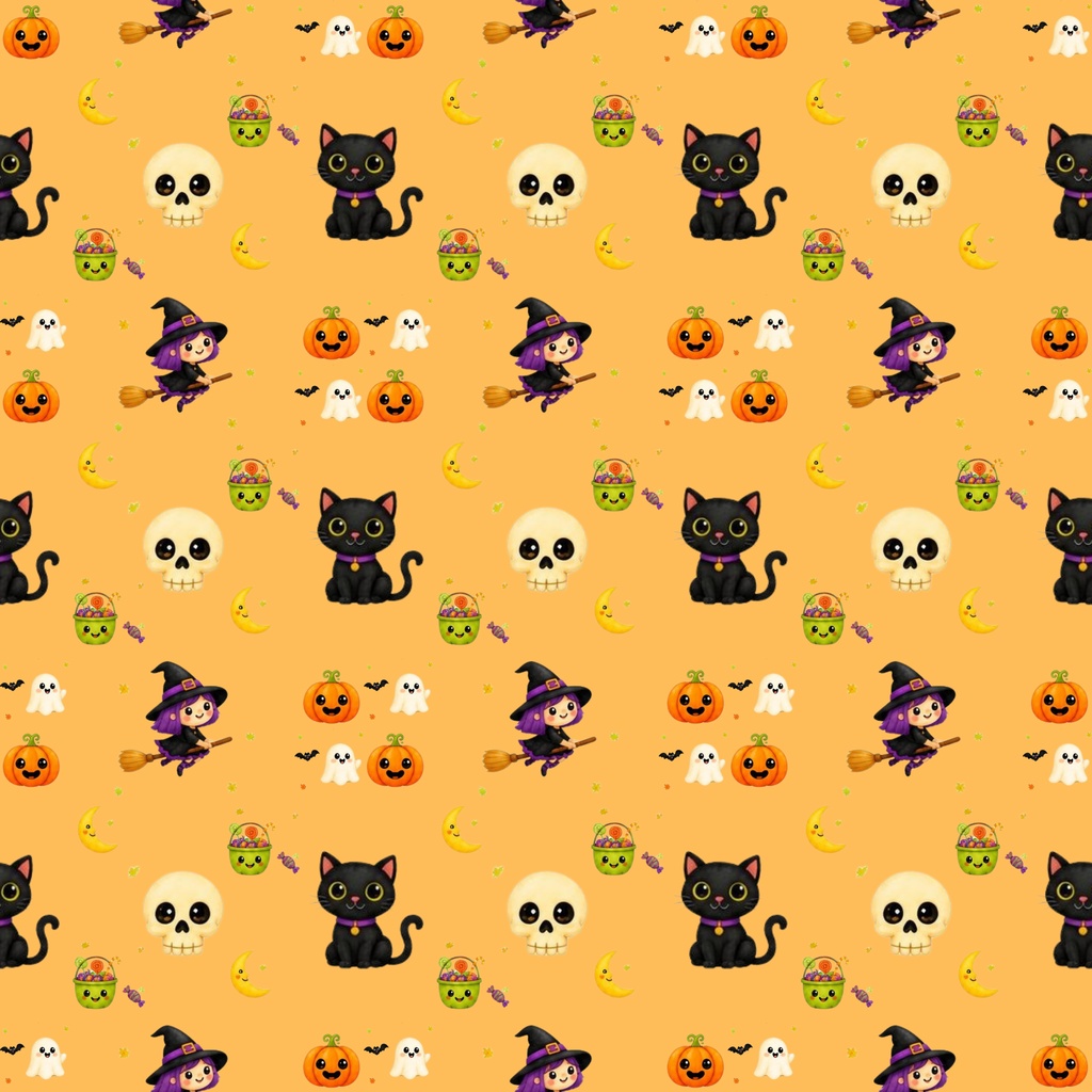 ハロウィン デジタルペーパー 4柄セット|魔女・おばけ・かぼちゃ・黒猫|ポップ&カラフル