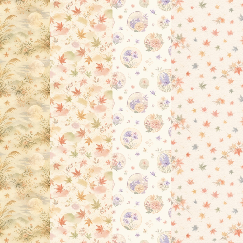 秋の和モダン水彩 デジタルペーパー｜月・紅葉・花丸文 4柄セット