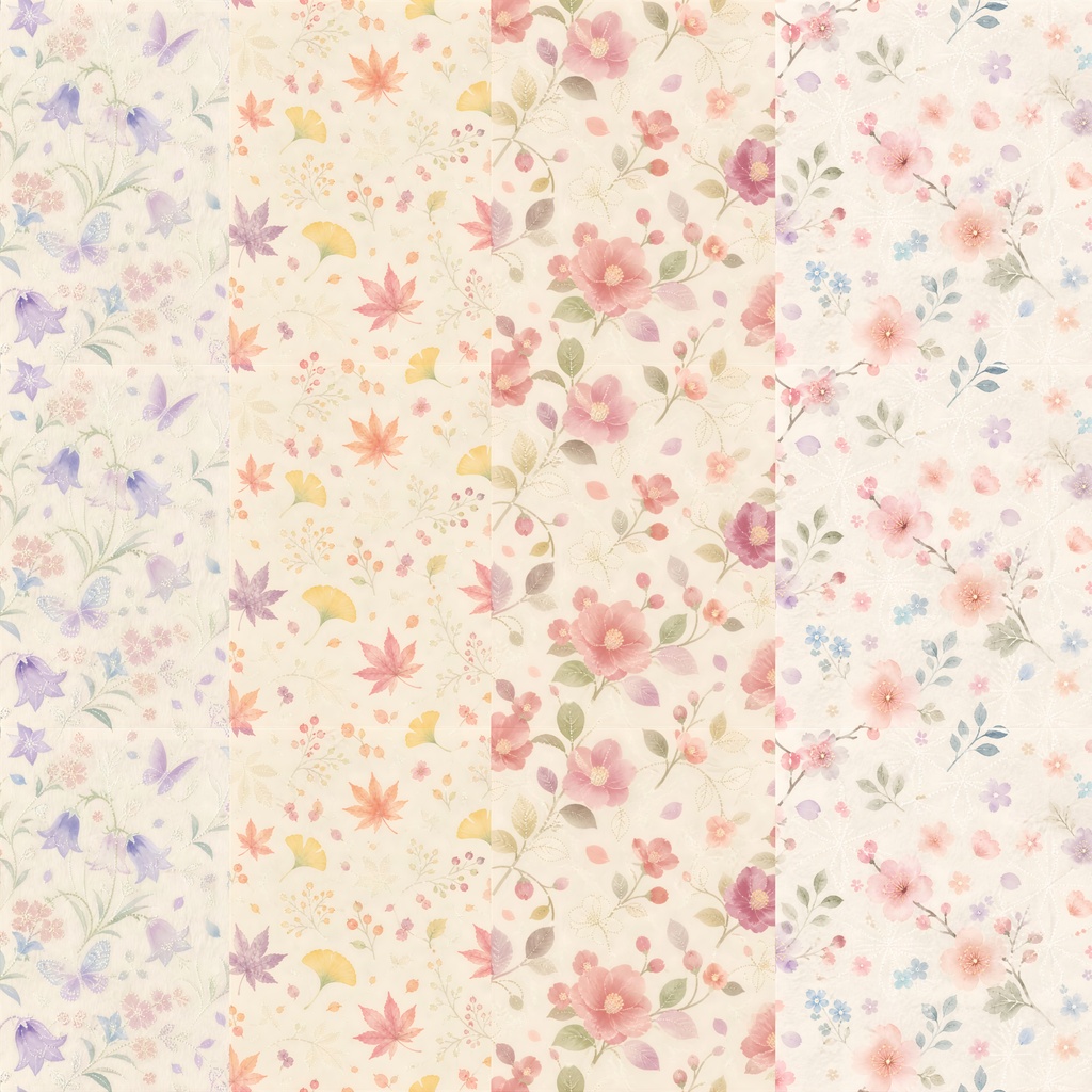 秋色の和花 水彩デジタルペーパー｜紅葉・銀杏・花・蝶 4柄セット