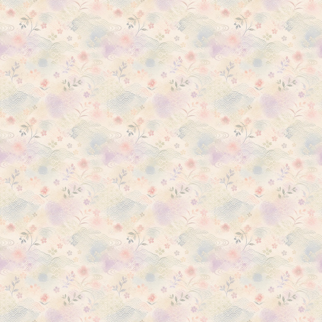 淡色水彩の和文様 デジタルペーパー|草花と波模様 4柄セット