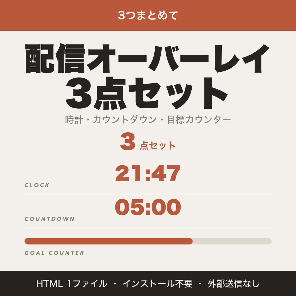 【フル版】配信オーバーレイ3点セット｜時計・カウントダウン・目標カウンター（OBS用）