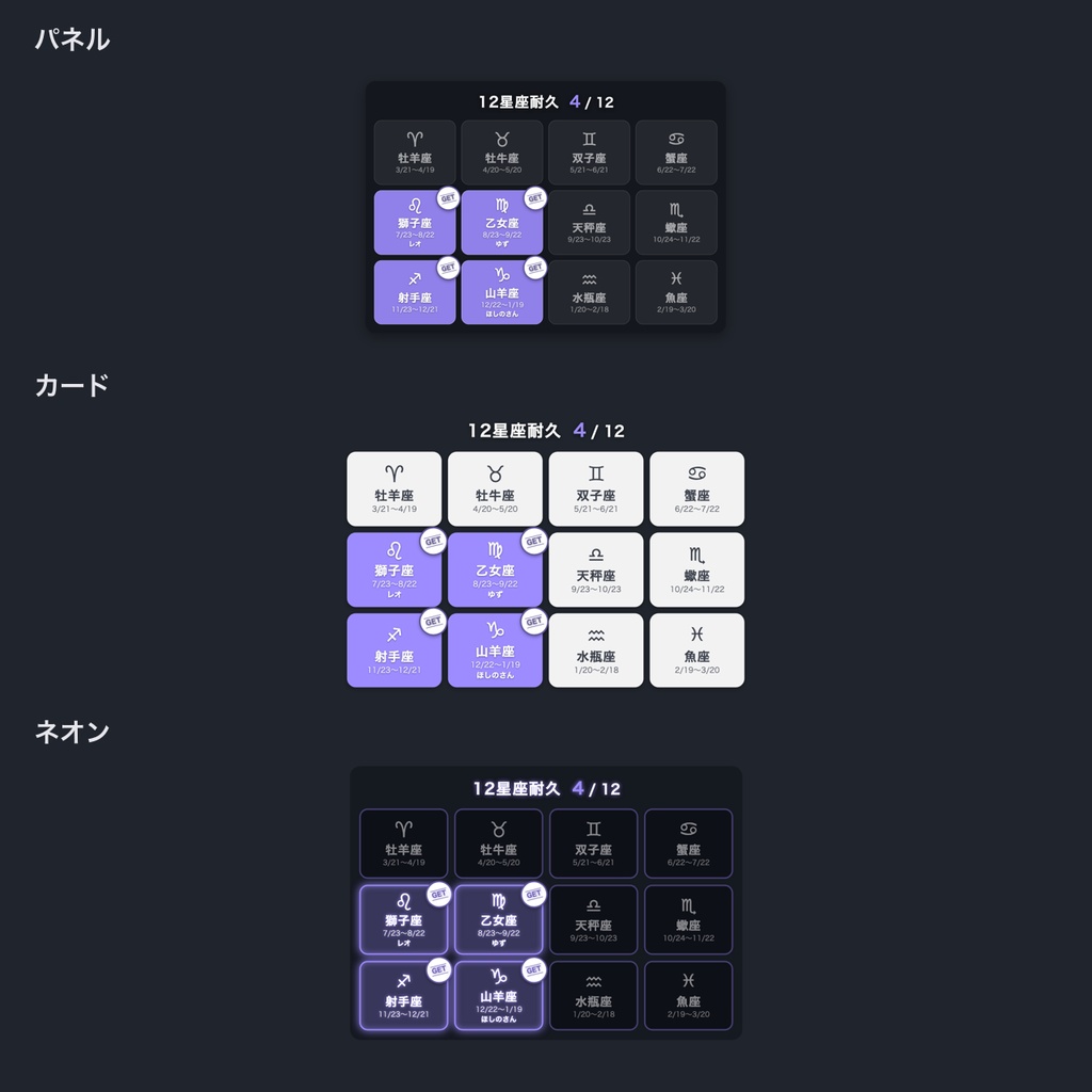 【OBS用】12星座耐久パネル|クリックで埋まる星座耐久・リスナー名つき【無料版あり】