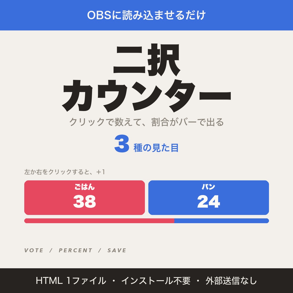 【OBS用】二択カウンター｜クリックで数えて割合をバー表示｜質問・選択肢を自由に変更