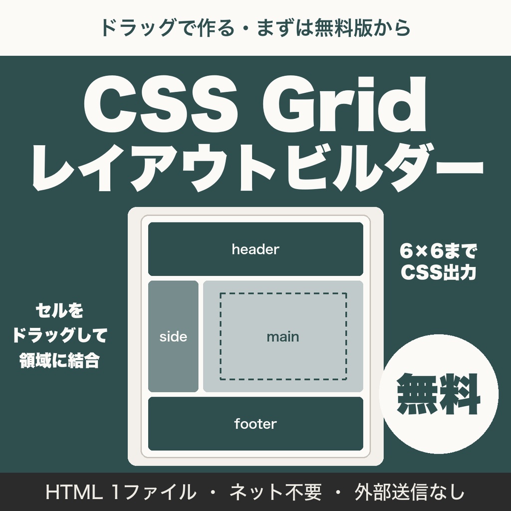 【無料】CSS Gridレイアウトビルダー｜クリックとドラッグでgrid-template-areasを作る（6×6まで）
