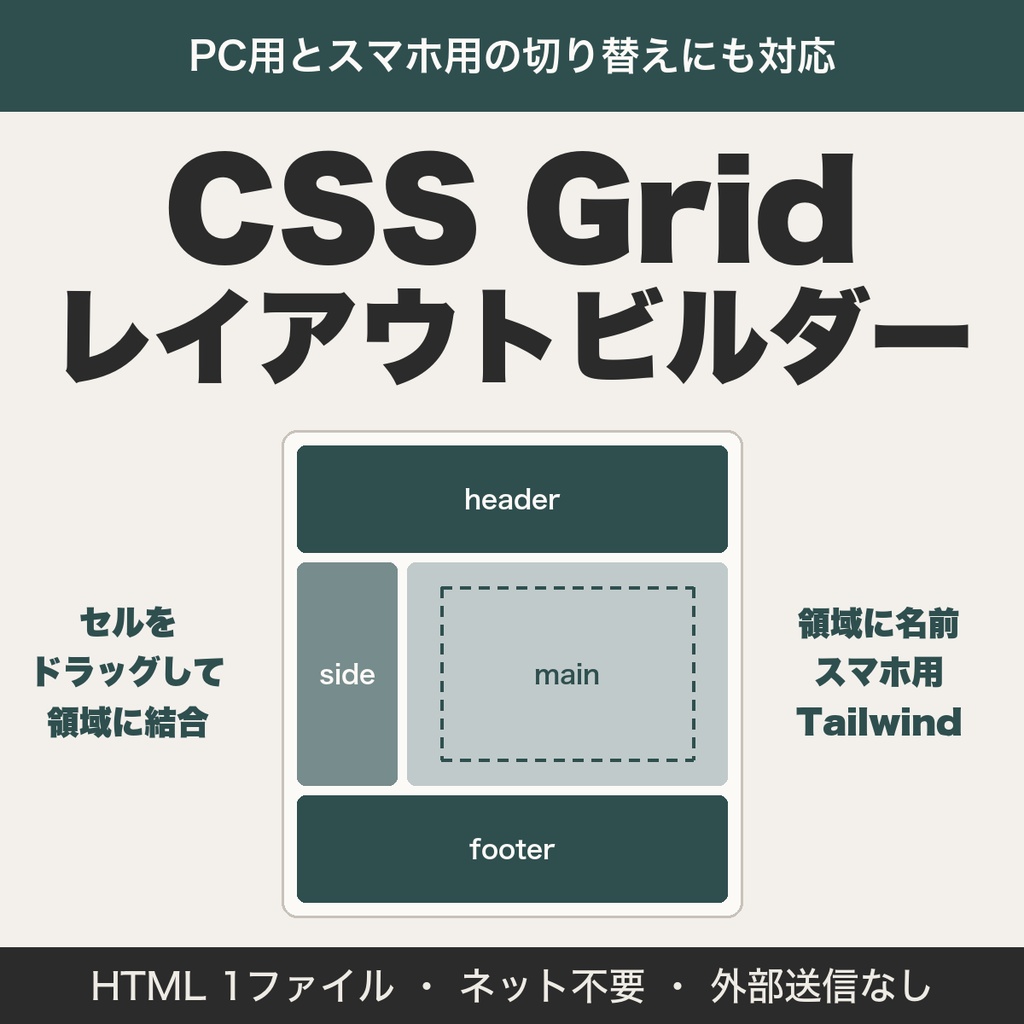 CSS Gridレイアウトビルダー｜領域に名前を付けて、スマホ用の切り替えやTailwindも出力【無料版あり】