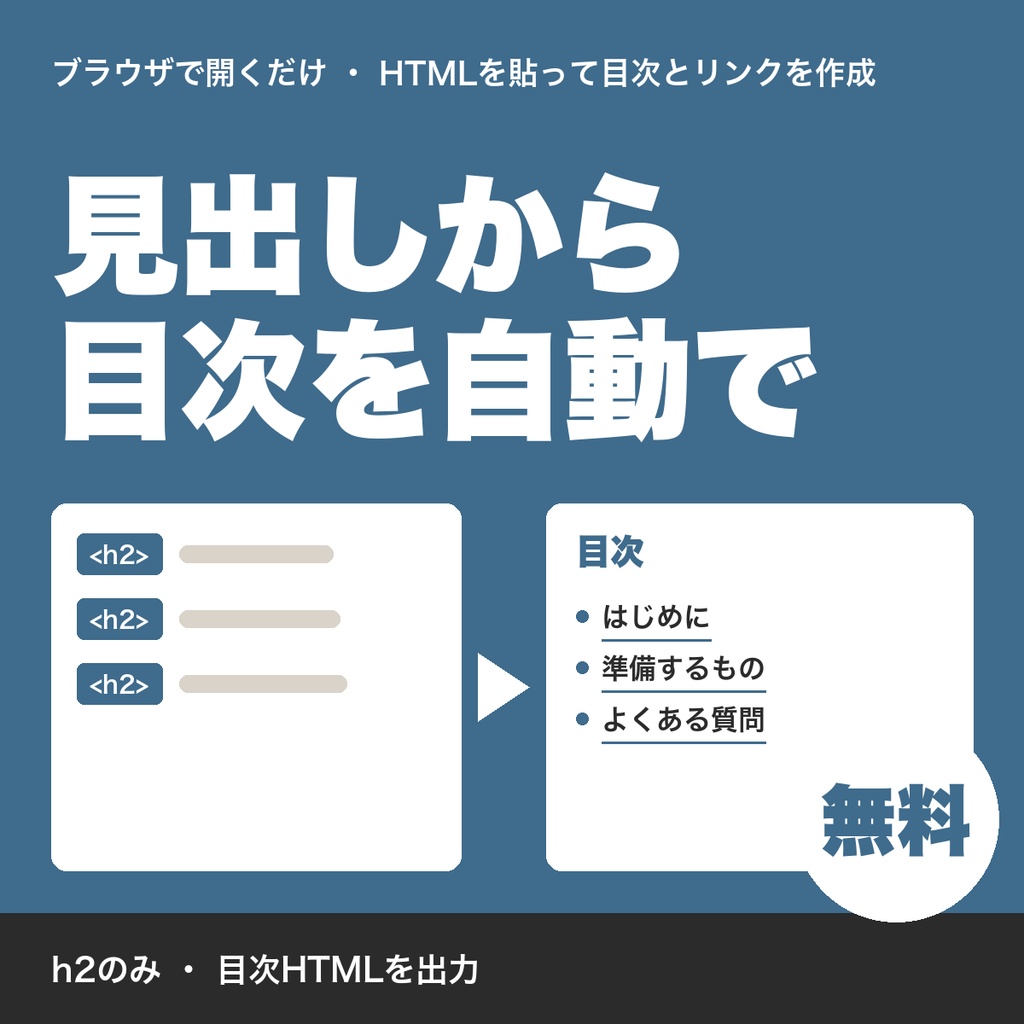 【無料】見出しから目次を作るツール|HTMLのh2からアンカーリンク付きの目次を自動生成