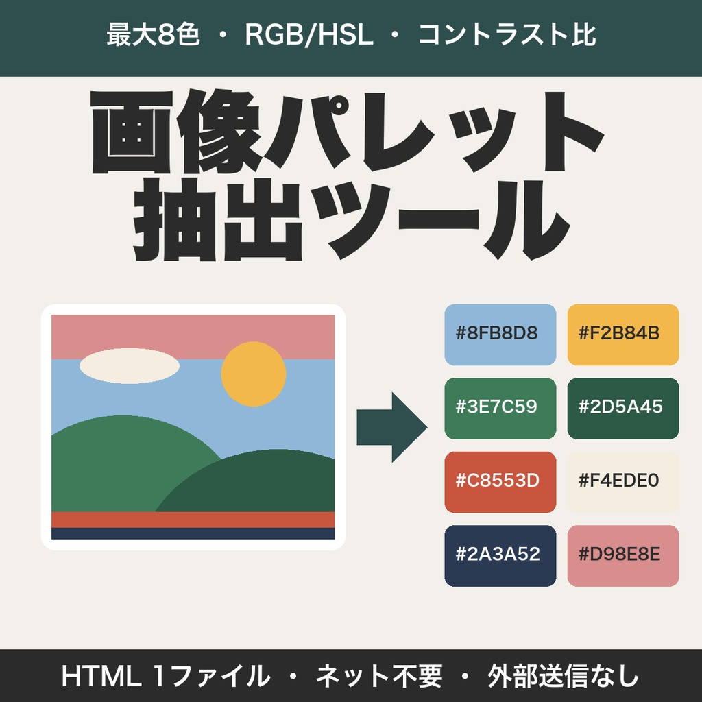 画像パレット抽出|画像の色を最大8色・RGB/HSL・コントラスト比の目安つきで確認【無料版あり】