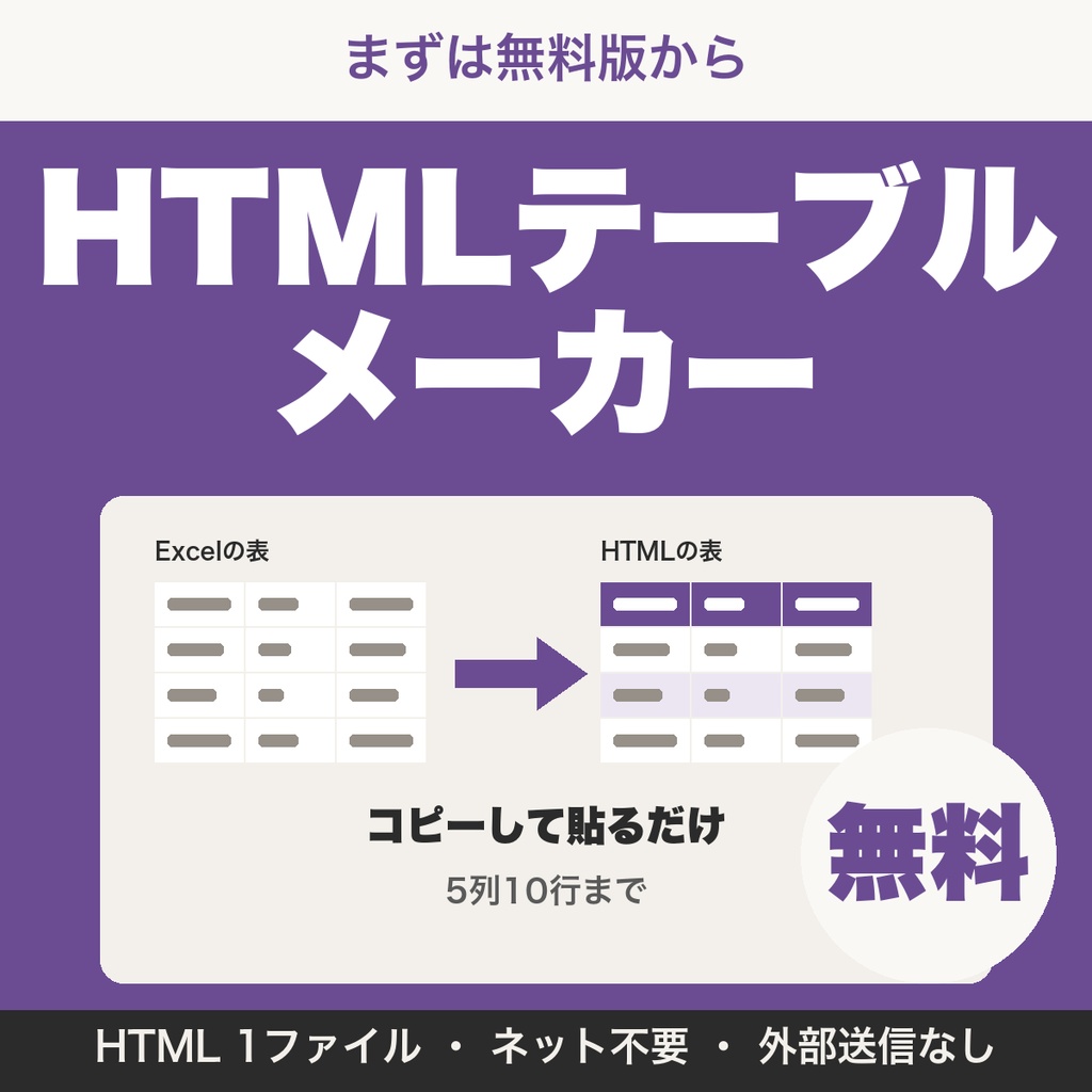 【無料】Excelの表をHTMLテーブルに変換するツール｜ブログ・EC商品ページ向け・5列10行まで