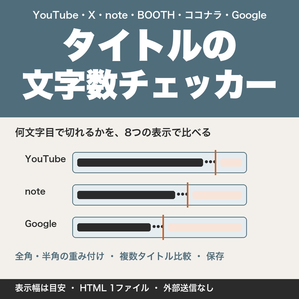 動画・記事タイトルの文字数チェッカー｜YouTube・X・note・BOOTHで切れる位置を比較【無料版あり】