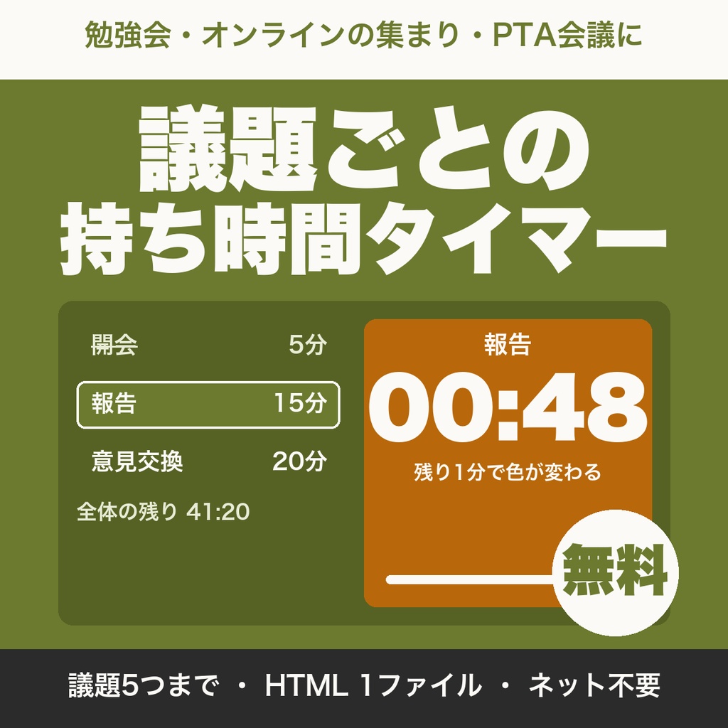 【無料】議題ごとの持ち時間タイマー｜勉強会・会議の進行に（議題5つまで）