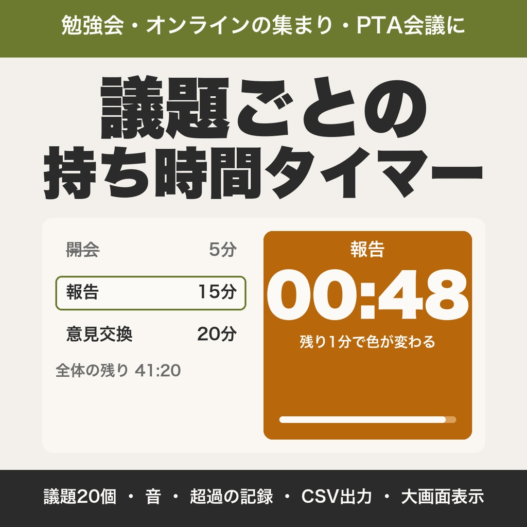 議題ごとの持ち時間タイマー｜勉強会・PTA会議の時間管理に・CSV出力【無料版あり】