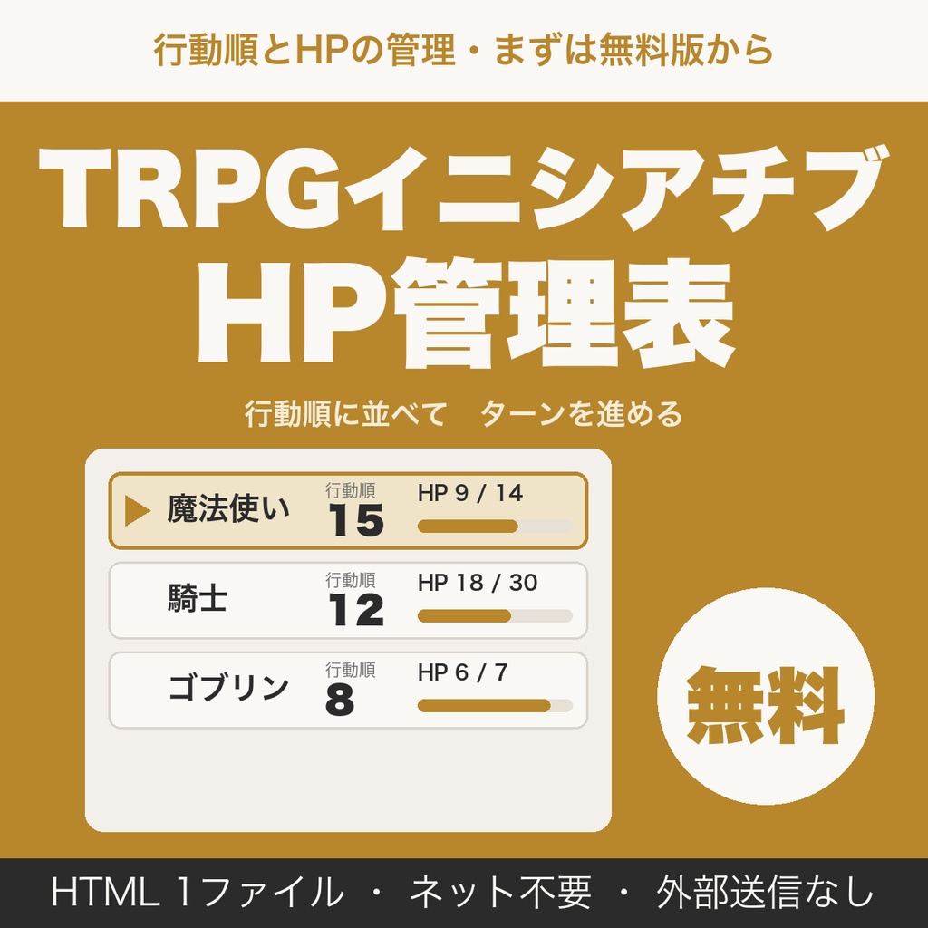 【無料】TRPGイニシアチブ・HP管理表｜行動順に並べてターンを進める（6人まで）