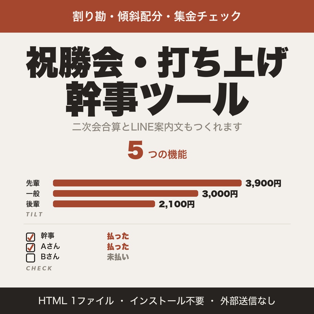 祝勝会・打ち上げ幹事ツール｜割り勘・傾斜配分・二次会合算・集金チェック・LINE案内文【無料版あり】