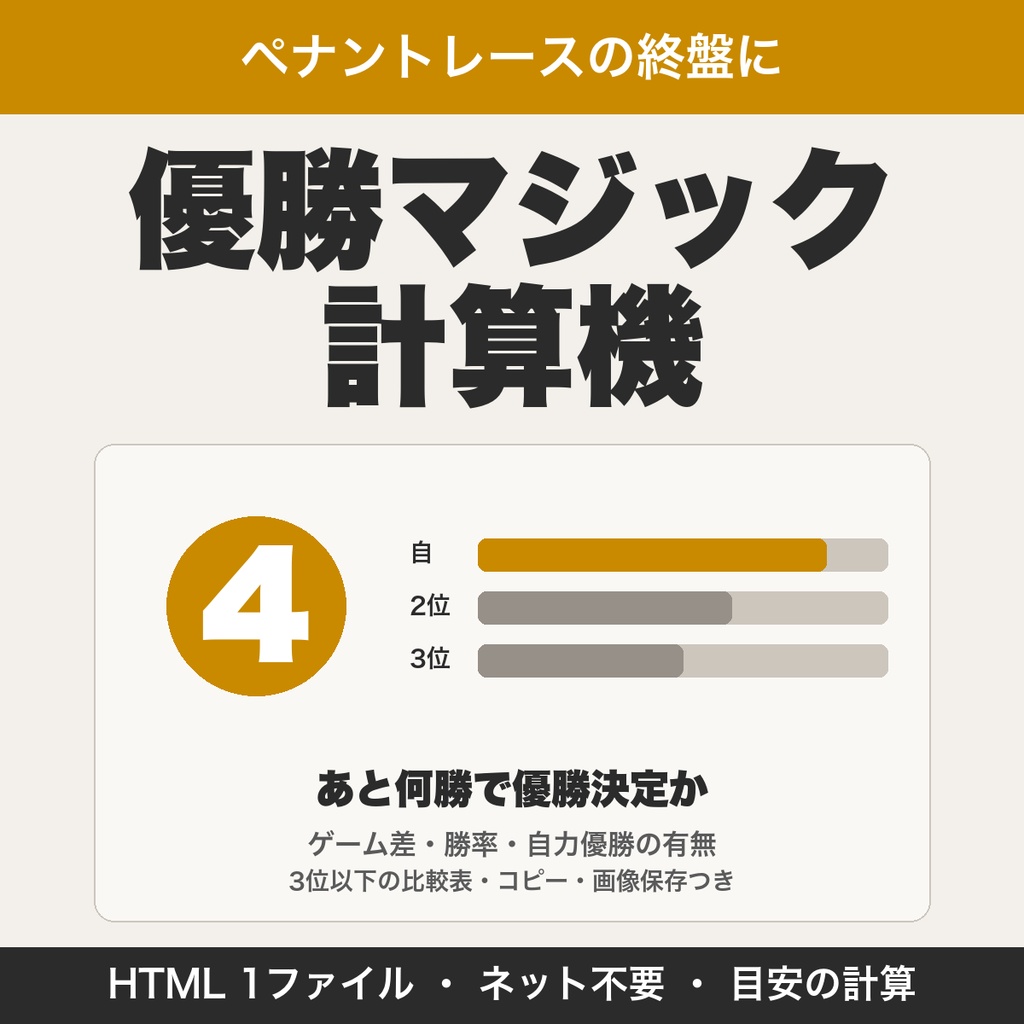 プロ野球 優勝マジック計算機|最大6チームの比較表・マジック数・ゲーム差を計算【無料版あり】