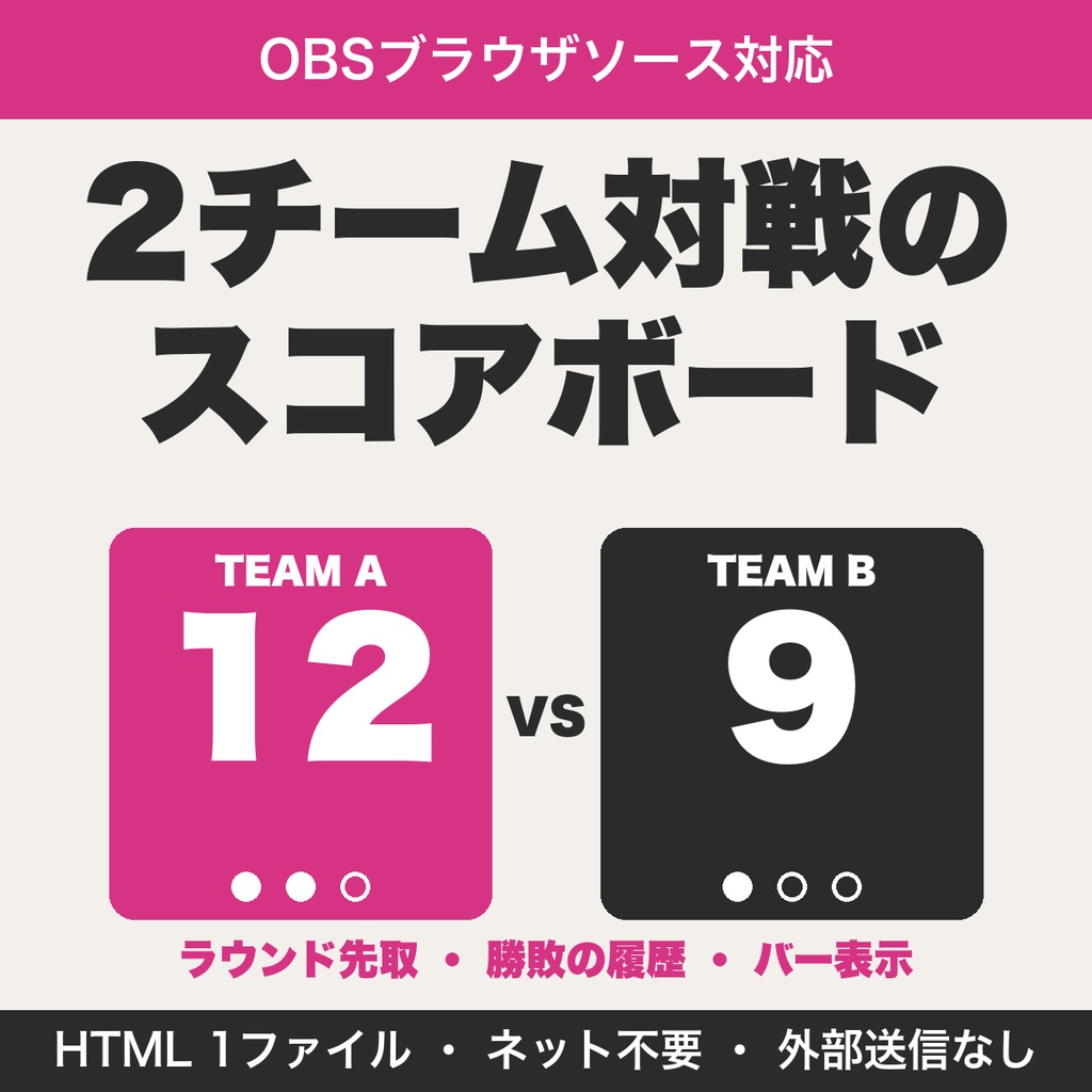 対戦スコアボード｜2チームの得点・ラウンド・勝敗をOBSに大きく表示(大会・フレンド戦向け)【無料版あり】