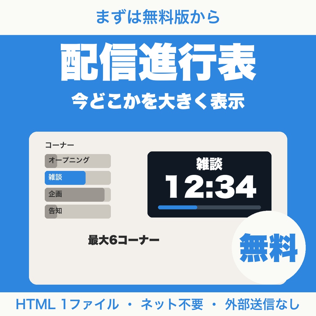 【無料】配信進行表｜コーナーの順番と持ち時間を並べて、今どこかを大きく表示（配信者向け）