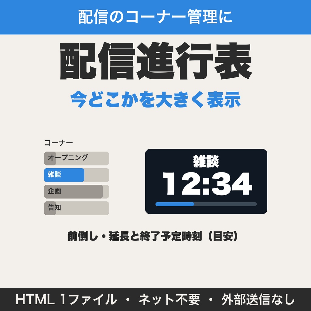 配信進行表｜コーナーの順番と持ち時間を並べて、今どこかを大きく表示（配信者向けタイムテーブル）【無料版あり】