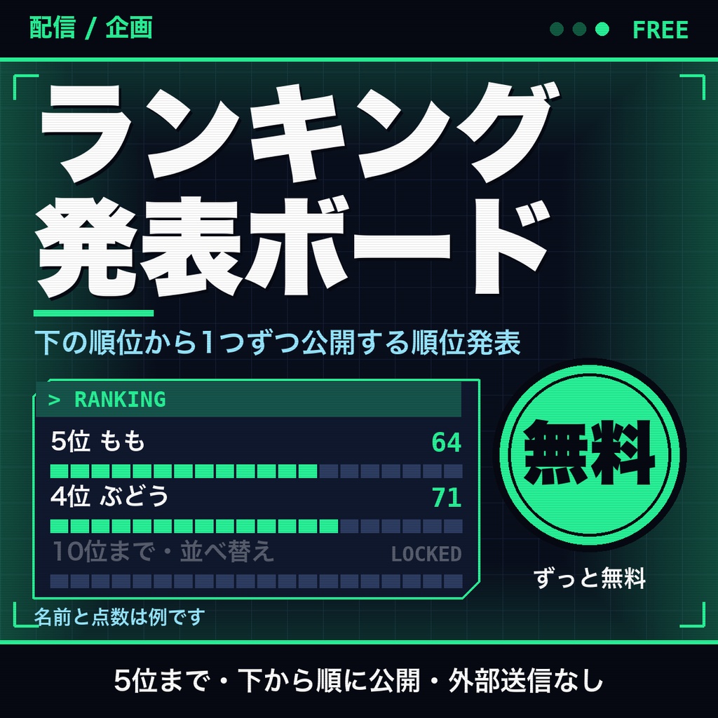 【無料】ランキング発表ボード|5位まで下から順に公開する順位発表の画面(配信・企画向け)