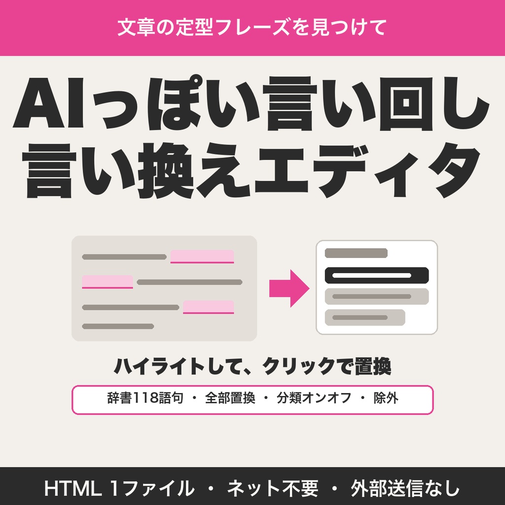 AIっぽい言い回しをチェックして言い換える｜定型フレーズをハイライト、ワンクリックで置換・辞書118語句【無料版あり】