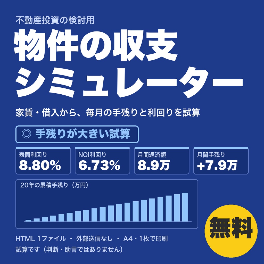 【無料】物件の収支シミュレーター｜家賃・借入から毎月の手残りと利回りを試算（不動産投資の検討用）