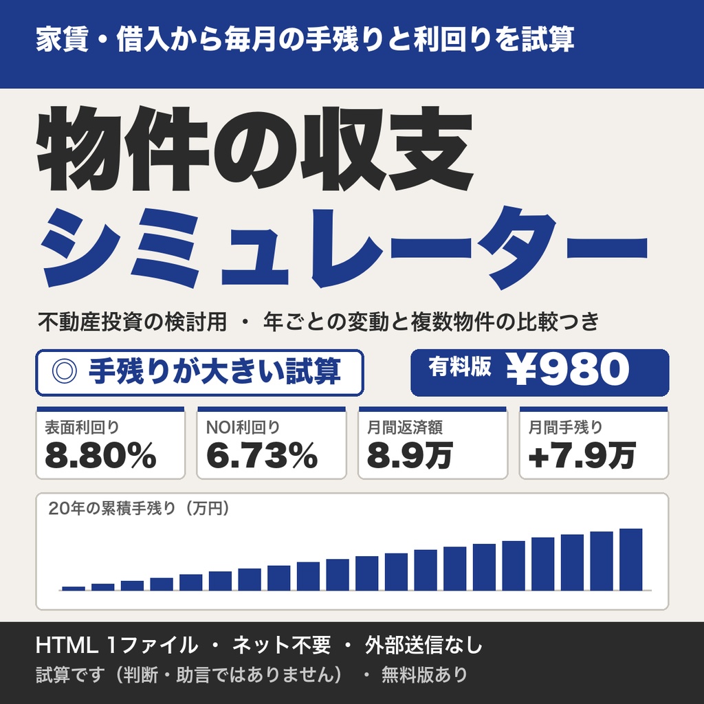 物件の収支シミュレーター｜家賃・借入から毎月の手残りと利回りを試算（不動産投資の検討用）【無料版あり】