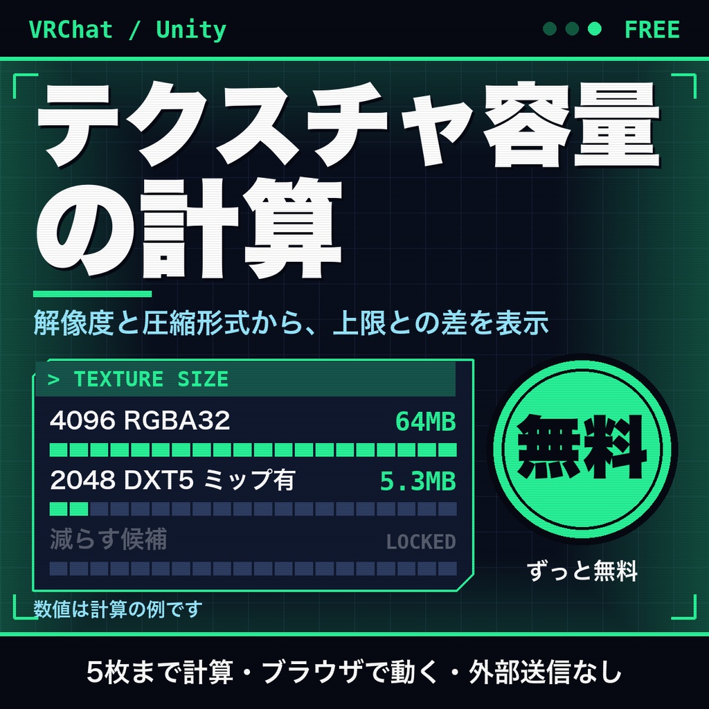 【無料】VRChat・Unityのテクスチャ容量を計算｜解像度と圧縮形式から上限との差を表示（5枚まで）