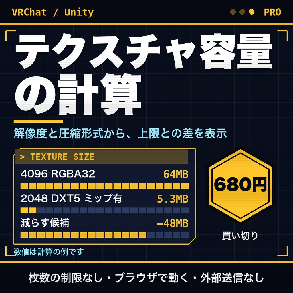 VRChat・Unityのテクスチャ容量を計算｜上限との差と減らす候補を表示、保存・CSV対応【無料版あり】